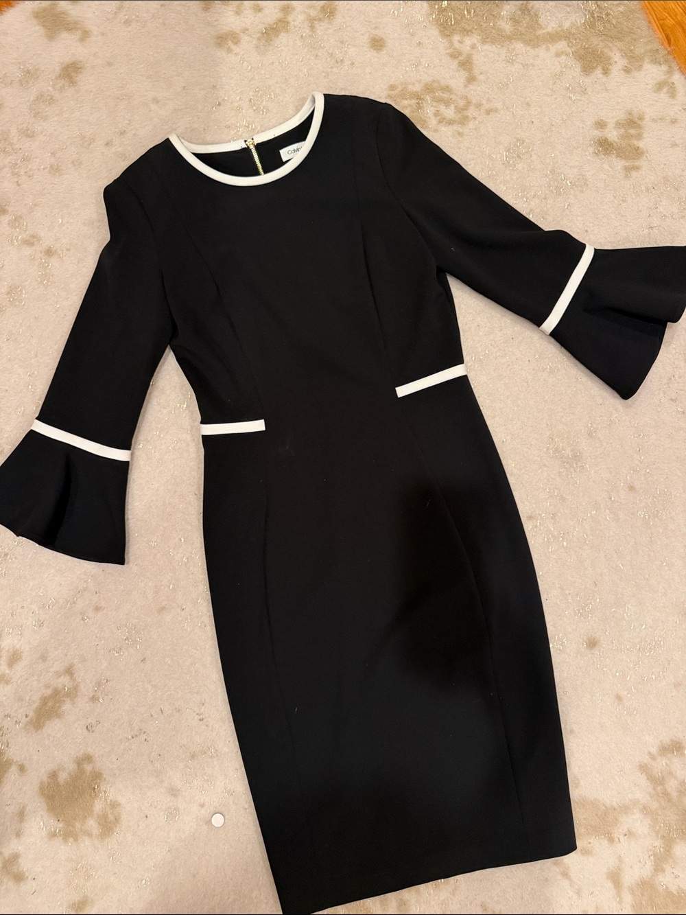 Black Dress with White Trim - Tailored Bell Sleeve Sheath